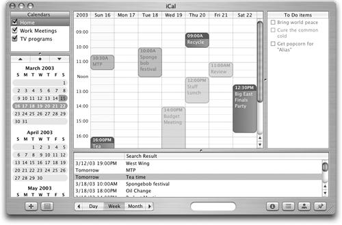 The iCal main window lets you see your life at a glance in several panes, in addition to a main window where you can display events by the day, week, or month. In the Calendars pane, you can create several color-coded calendars for different needs or family members; view coming months in the pane below. The To Do list pane lets you set up a list and check off completed tasks. In the search pane at bottom, you can seek and find specific events.
