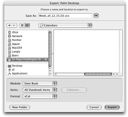 The Palm Desktop Export dialog box lets you move your life quickly onto the iPod all at once. From the Module pop-up menu, choose Date Book. Then, from the Format pop-up menu, choose vCal. The name of the file you’re exporting doesn’t much matter.