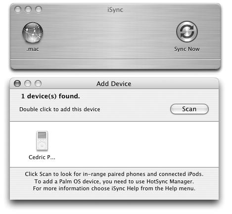When you first open iSync (top), it doesn’t “see” the iPod. But once iSync has looked around and found your iPod (bottom), you can add it to the brushed-metal toolbar by dragging its icon—or by simply double-clicking it.