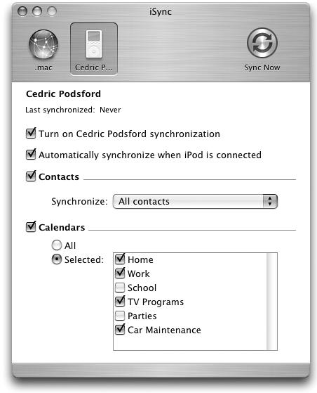 Click an icon to expand the iSync window. In this panel, tell the program exactly which contacts and calendars you’d like to synchronize.
