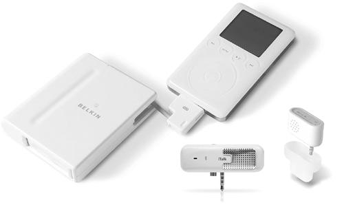 Left: Thanks to the Belkin Media Reader, the iPod can take a load off your digital camera by transferring photos from its overloaded memory card to the iPod’s hard drive for safekeeping. Below: The Griffin iTalk (left) and Belkin iPod Voice Recorder (right, snapping into its protective prong cover) fit into the iPod’s headphone jack and record your dulcet tones—or anyone in range of its microphone. Once the iPod is connected to the computer, you can move all your stored photos and voice memos back to the mother ship.