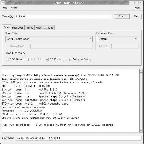 The main interface for the Nmap Front End tool