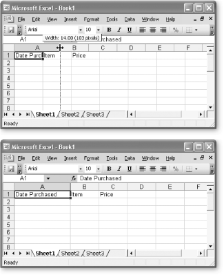 Top: The standard width of an Excel column is 8.43 characters, which hardly allows you to get a word in edgewise. To solve this problem, position your mouse on the right border of the column header you want to expand, so that the mouse pointer changes to the resize icon (it looks like a double-headed arrow). Now drag the column border to the right as far as you want. As you drag, a tooltip appears, telling you the character size and pixel width of the column. Both of these pieces of information play the same role—they tell you how wide the column is—only the unit of measurement changes. Bottom: When you release the mouse, the entire column of cells is resized to the new size.