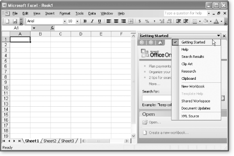 When you first start Excel, the Task Pane appears on the right with the Getting Started task displayed. You can switch to any of 10 other tasks by clicking the drop-down arrow in the window title and choosing the task from the list. The current task is identified with a checkmark.