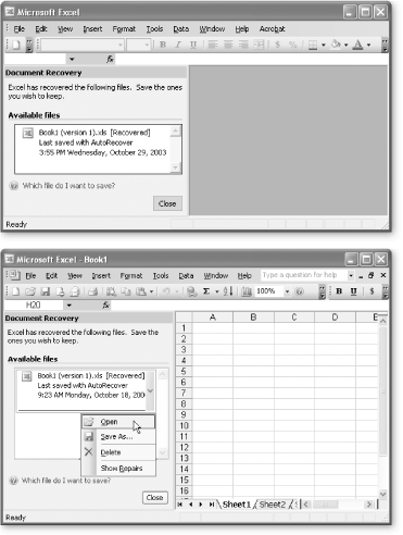 Top: Every time Excel starts up, it looks for AutoRecover backups. If it finds a backup, that means a document was not properly saved the last time you exited from Excel. Excel then opens a bar at the side of your window with all the backup files it finds, and lists their statuses. [Recovered] means the file backup is ready and error-free, while [Original] indicates the file was saved by you, and Excel didn’t make a backup after your last save. (The only time you’ll see the original file in the Document Recovery window is when Excel (or your computer) crashes, but there isn’t any unsaved data or backup file. In this situation, you don’t need to worry since you haven’t lost any data.) Bottom: You can save or open an AutoRecover backup like an ordinary Excel file; simply click the item in the list. Once you’ve dealt with all of the backup files, close the Document Recovery window by clicking the Close button.