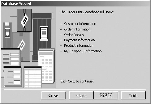 The first Access Database Wizard screen shows you the general categories of information that the new database stores. In this case, the database stores information about customers, orders, payments, products, and company information like employee records.