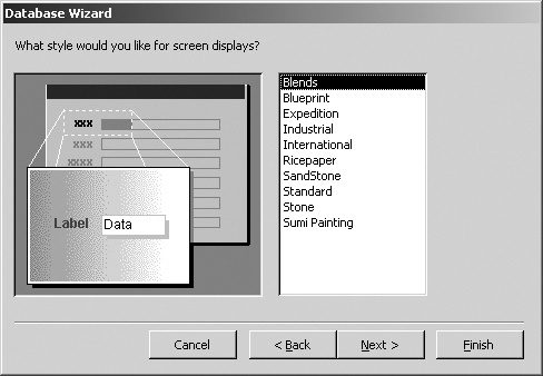 The third Access Database Wizard screen lets you choose a style for forms in your database. In the list on the right, you click a style to select it. On the left side of the screen, the wizard shows a preview of what screens will look like with that style.