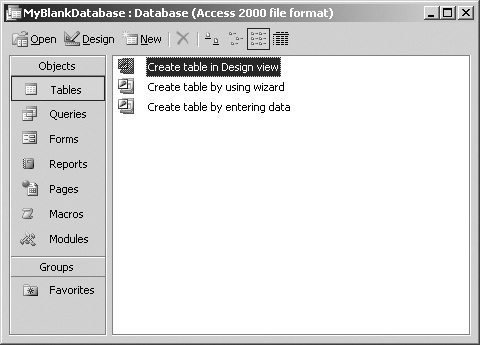 A database is a wrapper for tables and other database objects. When you create a blank database, you start with just the wrapper. Notice that the title bar of the Database window reads “Access 2000 file format.” Access 2003 automatically uses the older Access 2000 file format so that other people can use your database even if they don’t have an up-to-date version of Access.