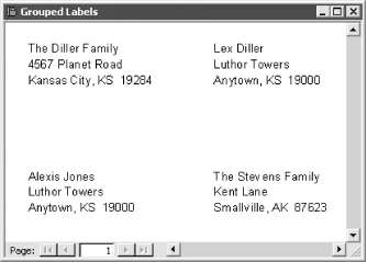 Mailing labels, grouped by last name, address, and zip code