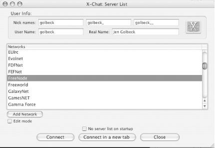 The initial server list popup in X-Chat Aqua