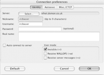 Changing your nickname in IRCle Connection Preferences
