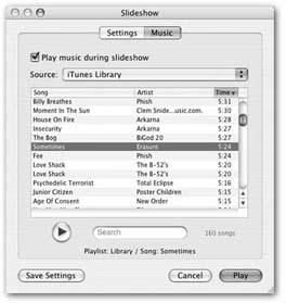In general, the mini-iTunes window found in iMovie, iPhoto, and iDVD works a lot like the list of songs in the real iTunes. For example you can double-click a song to listen to it (or click once and then click the triangular Play button). Click the same button—now shaped like a square Stop button—when you’ve heard enough.Note that above the list, the pop-up menu lists all of your iTunes playlists (subsets of songs), for your browsing convenience.