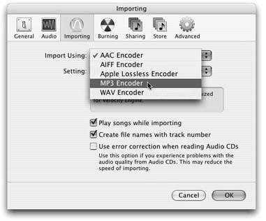 To choose the CD-ripping and file-converting format you prefer, choose iTunes → Preferences, click the Importing tab, and choose the format you want.“Create files names with track number” arranges the songs you import in the same order in iTunes as they were on the CD—even if you don’t choose to rip every song on the album.The Apple Lossless option works only on dock-connecting 2003 iPods and later, including the iPod Mini. Owners of the pre-dock iPods that came out in 2001 and 2002 are out of luck.