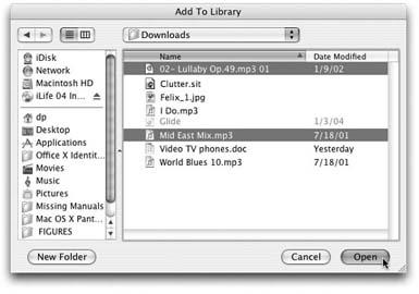 Select the file you’d like to add to your expanding iTunes library with the File → Add File to Library command. If the files you want to add are not in iTunes-friendly formats, you can find scores of shareware on the Web that can convert different audio formats. Some of these sites include MP3 machine (), the Hit Squad (), and MP3-Converter ().