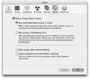 If you connect with a dial-up modem, you may want to turn on “Buy using a Shopping Cart,” so that you won’t have to wait for each song to download before proceeding with your next purchase. You might want to turn on “Load complete preview before playing,” which prevents gaps and stops in listening to the sound clips because of slow connection speeds or network traffic. Click OK when you’re done.