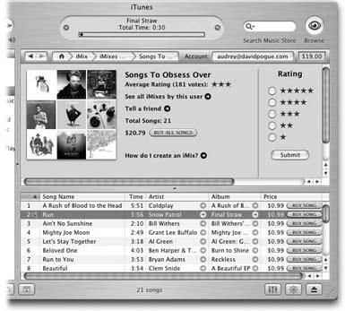 Here’s a typical iMix in the iTunes Music Store, posted by someone who listens to the same songs over and over again. If you like someone’s mixing skills, you can give the collection a 5-star rating, tell your friends about it, or even buy all the songs on the list.
