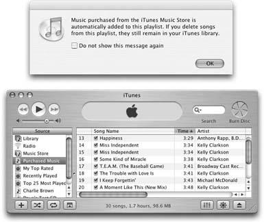 When you click the Purchased Music playlist after buying music, iTunes offers an explanation of how the playlist works (top) and fills out your list with the newly bought songs (bottom). From here, you can play the songs, drag them into other playlists, transfer them to your iPod, or burn them to a CD to play on the stereo.