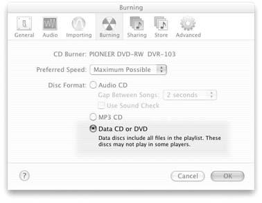 Choose iTunes → Preferences, click Burning, and click the button for data CD or DVD. Selecting the Data format for your disc will copy your files in their original MP3, AAC, or Audible formats without converting them to standard audio CD files, which would happen if you created an audio CD.