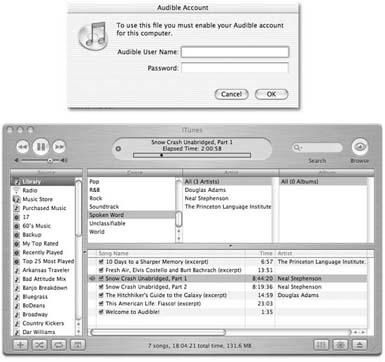 Top: You can play your purchased Audible file on up to three computers, burn it to a CD, or transfer it to an iPod. (Sound like a familiar set of rules, iTunes shoppers?)Bottom: iTunes plays your audio book just like any other track in your library. Longer books are split into multiple parts for easier downloading from the Audible.com site.