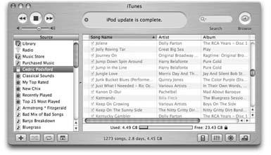 The Source list (left side) displays an icon for the iPod whenever it’s connected, as well as your music library, list of playlists, songs from the iTunes Music Store, and Internet radio stations. The bottom of the window shows the amount of space left on the iPod, the number of songs, and consecutive days the iPod can play music without repeating songs.