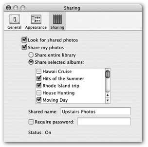 If you turn on “Share entire library,” you make all of your pictures available to others on the network—and you doom your fans to a lifetime of waiting while gray empty boxes fill their iPhoto screens.Alternatively, click “Share selected albums” and turn on the individual albums that you want to make public.Unless you also turn on “Require password” (and make up a password), everyone on the network will see your shared pictures.