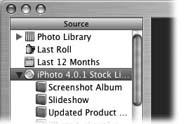 Pop an iPhoto CD into your Mac and it appears right along with your albums in iPhoto. Click on the disc icon itself or one of the disc’s album icons (as shown here) to display the photos it contains. In essence, iPhoto is giving you access to two different libraries at once—the active Photo Library on your Mac’s hard drive and a second library on the CD.