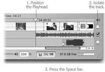A view of the right end of the Timeline Viewer. Drag the Playhead so that the vertical line beneath it strikes the piece of sound you want to listen to. Then turn off the track checkboxes to isolate the track you want. Press the Space bar to begin listening.Hint: If you’ve turned on “Enable Timeline snapping” in iMovie → Preferences, the Playhead snaps neatly and conveniently against the beginnings and ends of audio clips (and bookmarks, chapter markers, and video clips) when you drag it. In fact, it even snaps against bursts of sound within an audio clip, which helps you find the start or end of silent bits. (Shiftdrag to override the snapping setting.)