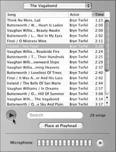 The list in the Audio palette identifies the different songs (tracks) on your CD, along with the play length of each one. You can sort the list, audition different songs, or search the list just as you do your iTunes library (Figure 17-3). Drag an entire song into your movie, or click Place at Playhead.