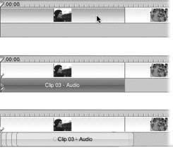Top: Highlight some camcorder video and choose Advanced → Extract Audio.Middle: The camcorder audio appears as an independent clip, which you can manipulate exactly as though it’s any ordinary audio clip.Bottom: You can create a reverb or echo effect by overlaying the same extracted audio several times.