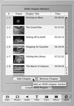 The iDVD palette lets you add, remove, and name chapters—and then publish your iMovies to iDVD. New iMovie chapters are numbered sequentially, as they appear in your movie from left to right. Chapter references appear in your timeline as small yellow diamonds, just above the video track. iMovie can add up to 99 chapters per movie with the iDVD palette.
