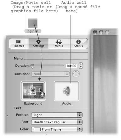In the Customize drawer, click the Settings button. Drag a graphics file into the Background well (from the Finder or from iPhoto, for example). iDVD installs the graphic as the new background, covering up any drop zones in the process.