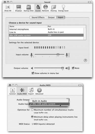 Top: From the menu, choose System Preferences. Click the Sound icon; then click the Input tab. Specify which sound source you want to record (in this case, a microphone connected to the iMic adapter). Before you close this window, drag the slider to adjust the general volume level for your singing or playing. Ideally, the loudest notes should illuminate the rightmost dancing bars briefly. (The highest level bar “sticks on” for about a second to make it easier for you to spot your volume peaks, as shown here.)Bottom: Now return to Garage → Band. Choose GarageBand. Preferences, and click the Audio/MIDI tab. Using the Audio Input pop-up menu, check to make sure that the correct input is selected—that, in effect, GarageBand is prepared to listen using the correct “ear.”