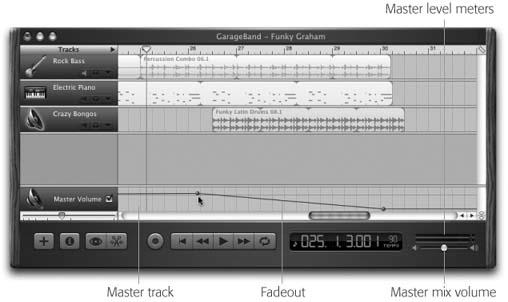 This track is probably hidden most of the time that you’re working in GarageBand. It’s especially useful, however, at the end of the compositional process, just before you “publish.” In this illustration, the song ends with a nice fade-out, courtesy of the Master Track volume graph.