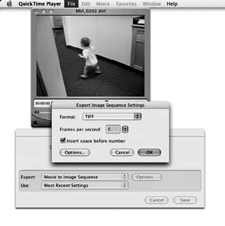 Use Export Image Sequence Settings to set the output format and frames per second.