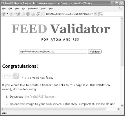 Results of validating an RSS document with Feed Validator