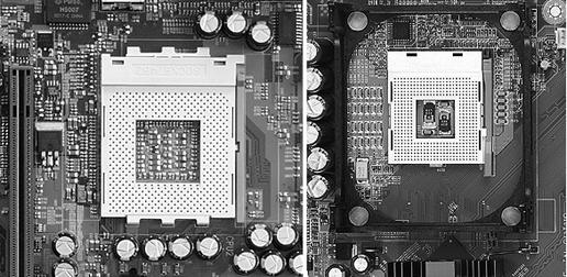 The differences between the 462-pin AMD Socket A (left) and the 478-pin Pentium 4 socket (right) make these two processor families incompatible.