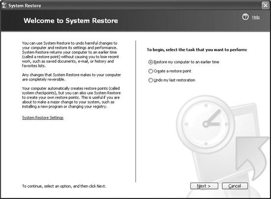 The System Restore wizardSystem Restore wizard