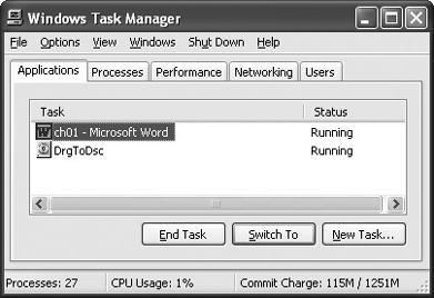 The Task Manager can shut down unruly programs, sometimes restoring control of your system.