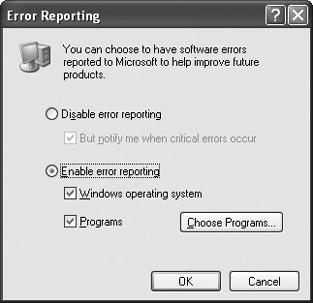 Turn off error reporting to prevent Windows XP from tattling on software crashes.