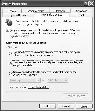 Configure Windows XP to download updates and patches automatically.