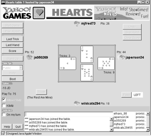 A networked game of Hearts using a Java applet from http://games.yahoo.com/