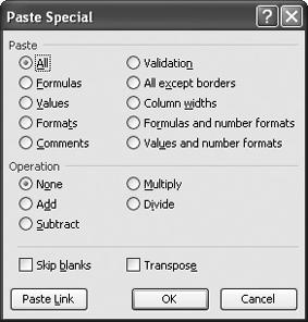 Pick what you want to paste in the Paste Special dialog box.