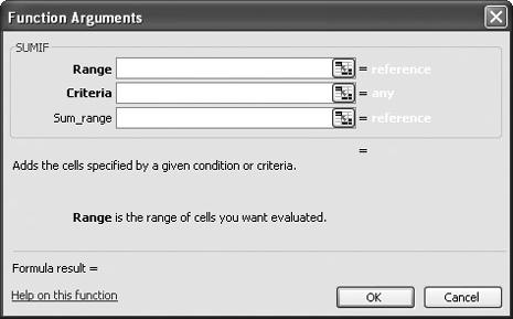 The SUMIF Function Arguments dialog box lets you define the rules that your data must meet to be considered in the sum.