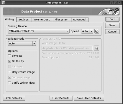 The burn window for creating a data CD