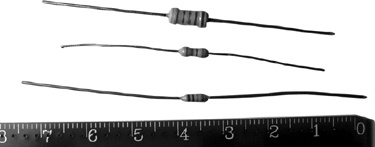 Through-hole resistors (scale in centimeters)