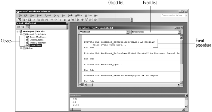 Finding events in the Visual Basic Editor