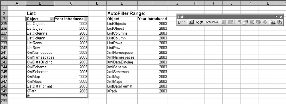 A list (left) and an AutoFilter range (right)