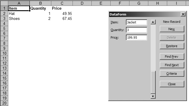 Using a data form to enter values