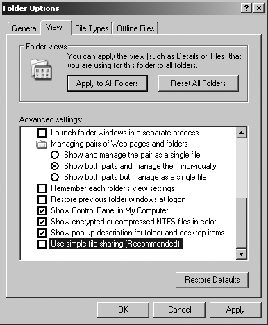 Disable simple file sharing in Windows XP to set permissions