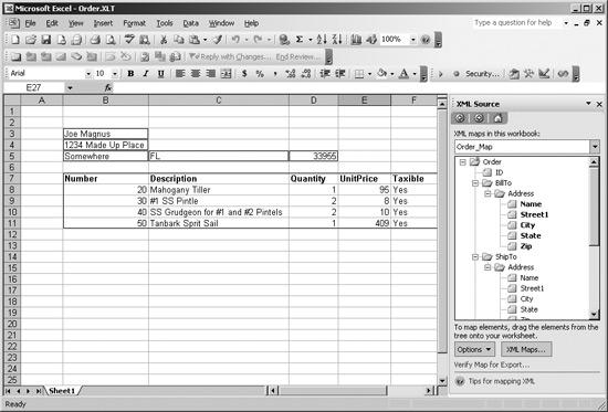 An Excel template for displaying orders